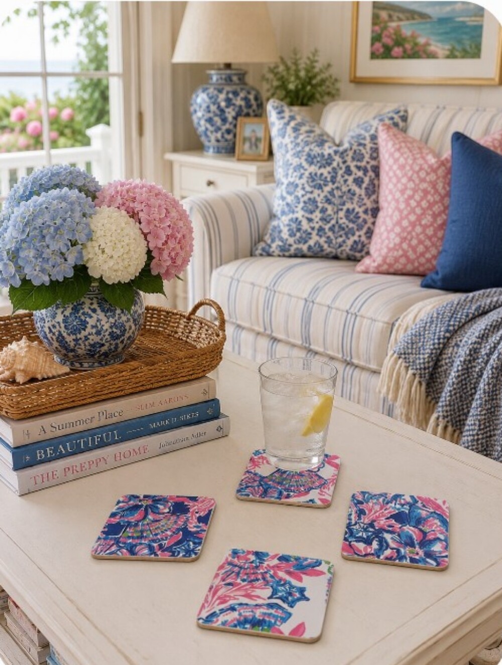 Set Of 4 Handmade Coasters Preppy Cottage Beachy Hostess Entertaining